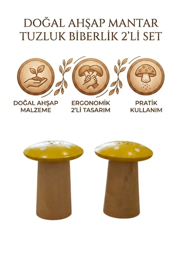 Natural Wooden Mushroom Shaped Salt and Pepper Shakers - Cute Yellow Dotted Set of 2