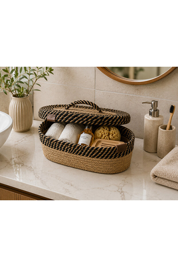 Jute Wicker Oval Covered Basket Organizer Decorative Basket Handmade Handwoven Basket