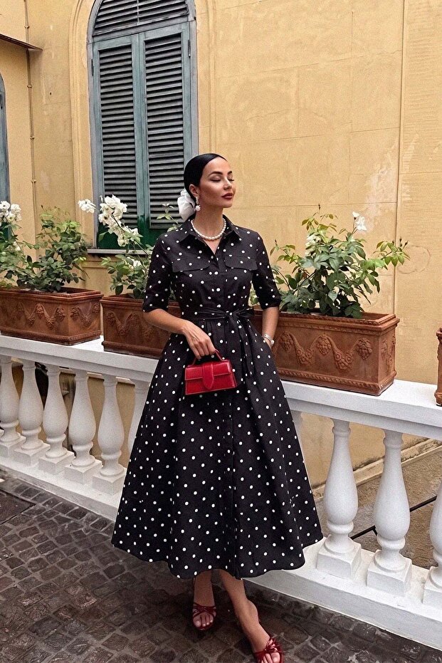 Button Closure Polka Dot Patterned Cotton Dress Black 9466-E