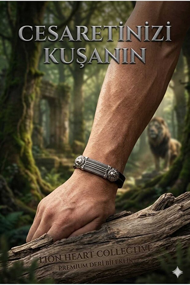 Faux Leather Bracelet with Double Lion Head Figure