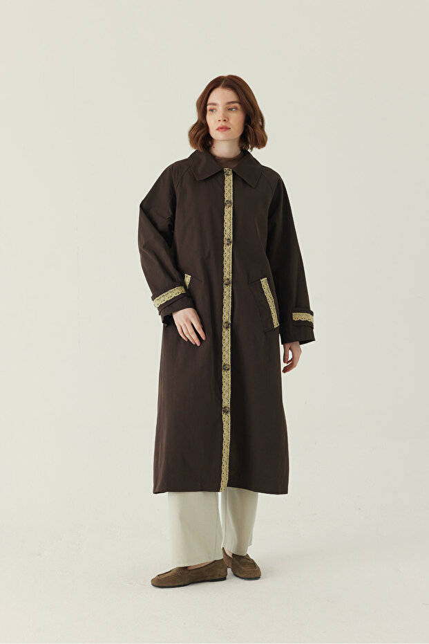 Lace Detailed Long Trench Coat Bitter Brown