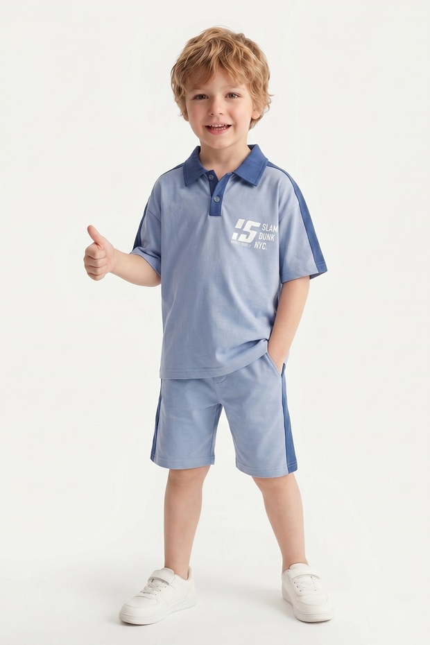 Boy's Printed Short Sleeve Shorts 2-Piece Set M00831 Blue