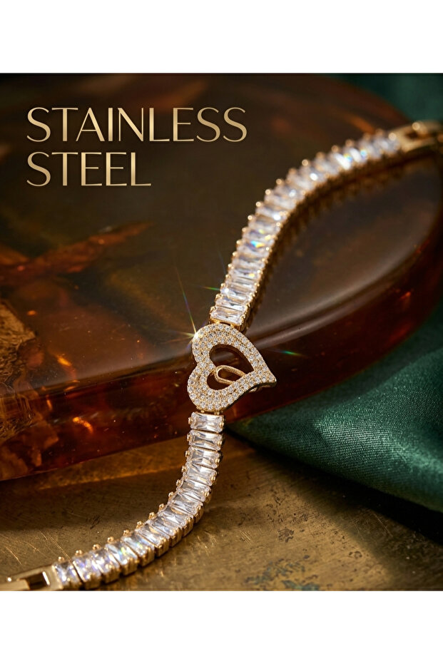 Gold Color Translucent Stone Heart Motif Thick Steel Bracelet