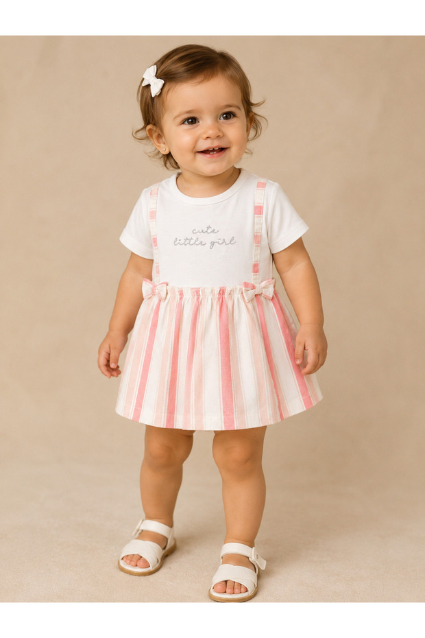 Infant Girls Suspender Stripe Dress with Bow Details