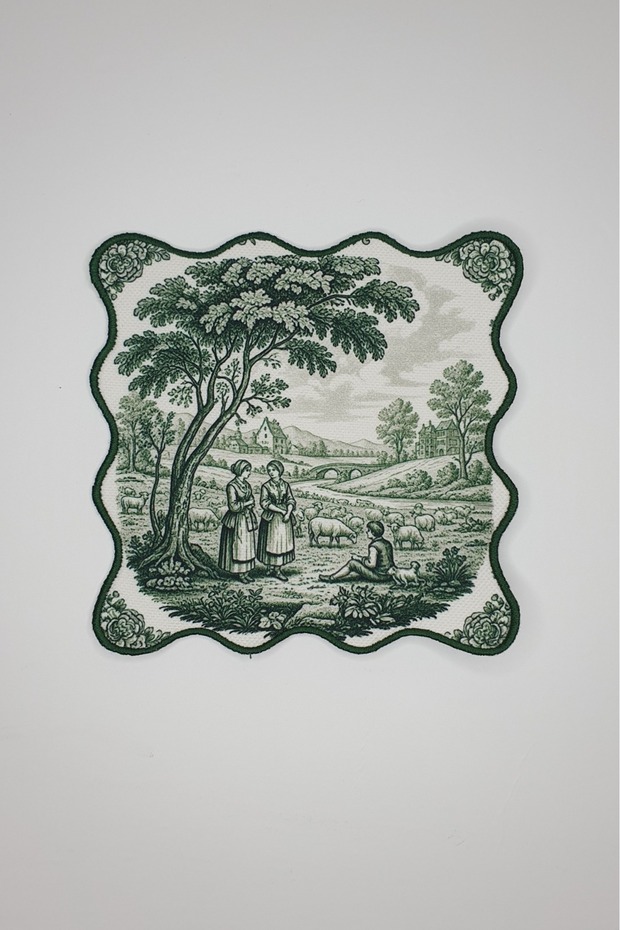 Green Toile Elegance Series Embroidered Fabric Cocktail Napkins 1 Piece