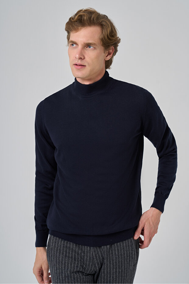 Men's Navy Blue Basic Half Turtleneck Dynamic Fit Comfortable Cut Knitwear