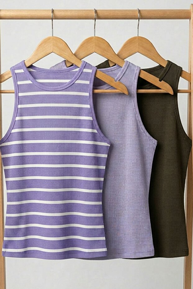 3 Pieces of Ribbed Fitted Viscose Blended Strappy T-Shirt