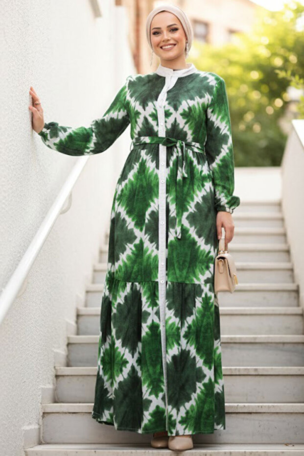 Patterned Emerald Green Hijab Dress 23922Zy