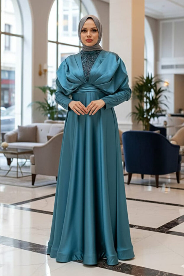 Beaded Indigo Blue Hijab Evening Dress 22451Im