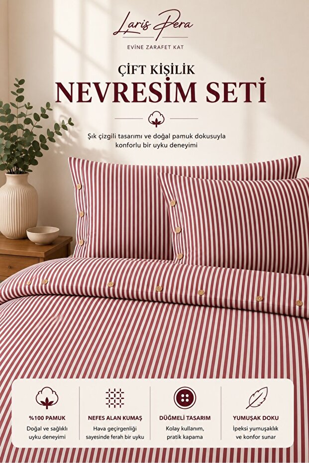 Yarn Dyed Cotton Double Striped Buttoned Duvet Cover Set 200X220 cm +2 Buttoned Pillowcases King Size Claret Red