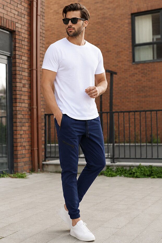 Navy Blue Zipper Detailed Parachute Jogger Trousers