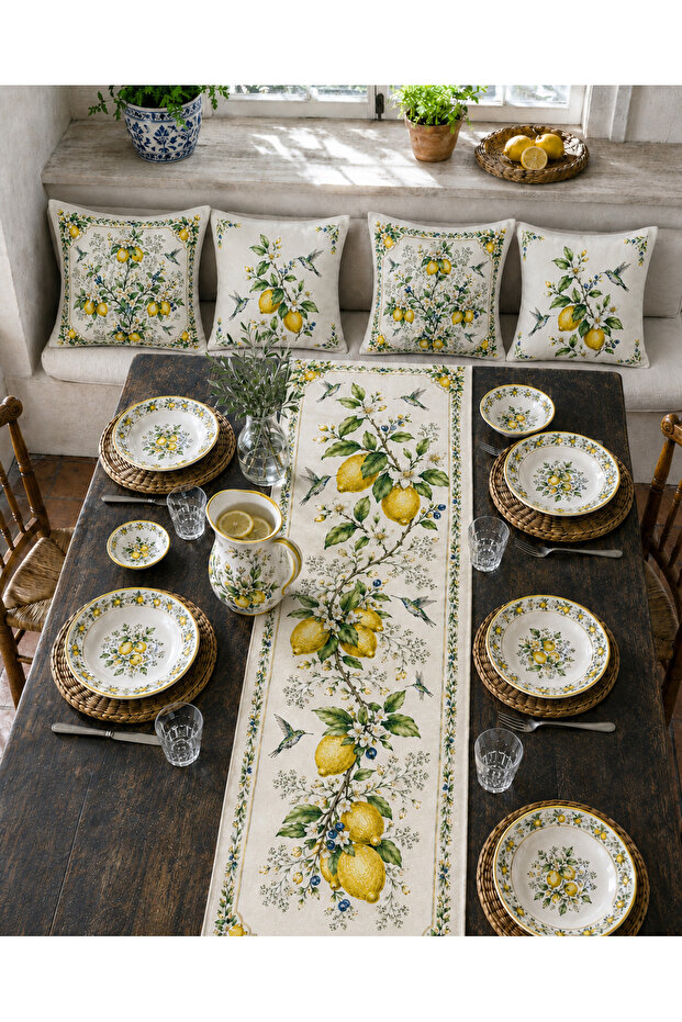 Cream Yellow Lemon Runner and 4-Piece Throw Pillow Cover Summer Decorative Pillow