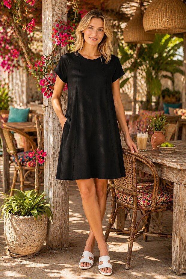 Crew Neck Casual Comfortable Dress with Pockets