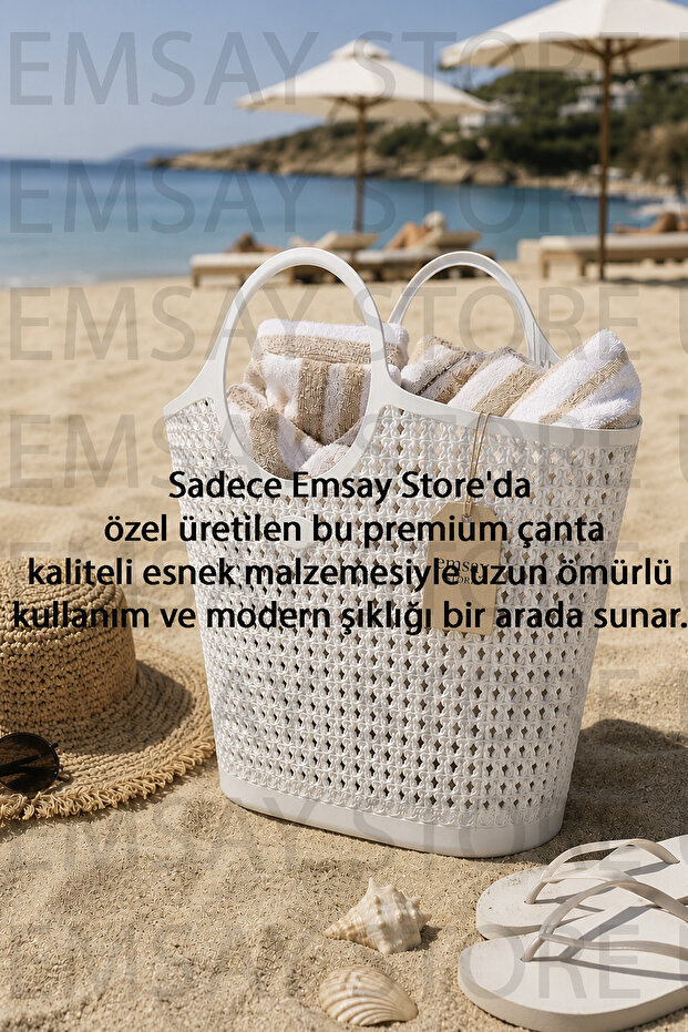 Women's Oversized Beach Bag – Straw-Looking White Beach Basket, Summer Shoulder Bag, Sea and Pool Bag