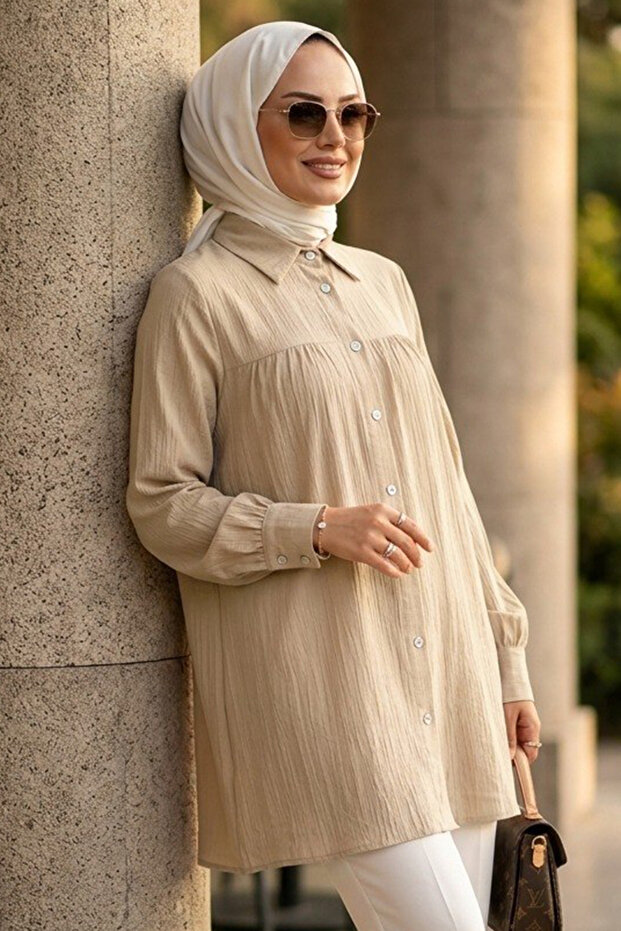 Buttoned Beige Hijab Tunic 10682Bej