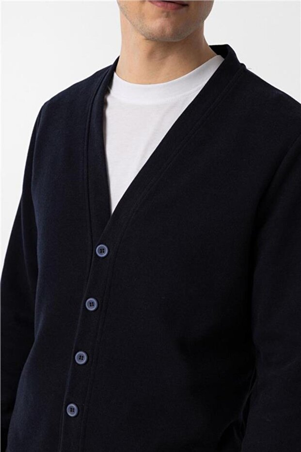 Navy Blue Regular V-Neck Cardigan - 3