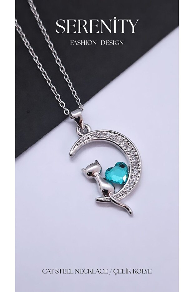 Blue Heart Steel Necklace with Crescent Cat Figure