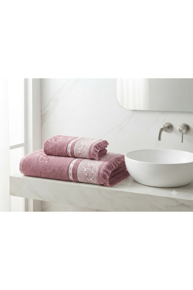 2-Piece Fringed Bath Set, Bath and Head Towels - Dried Rose