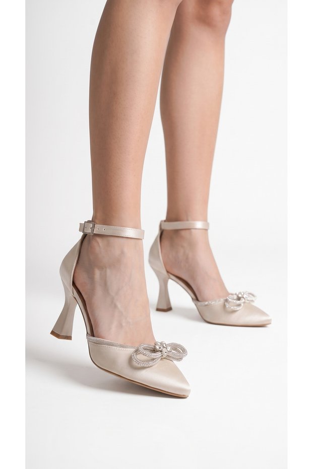 Ankle Buckle Satin Bow Stripe High Heeled Women's Evening Dress Shoes