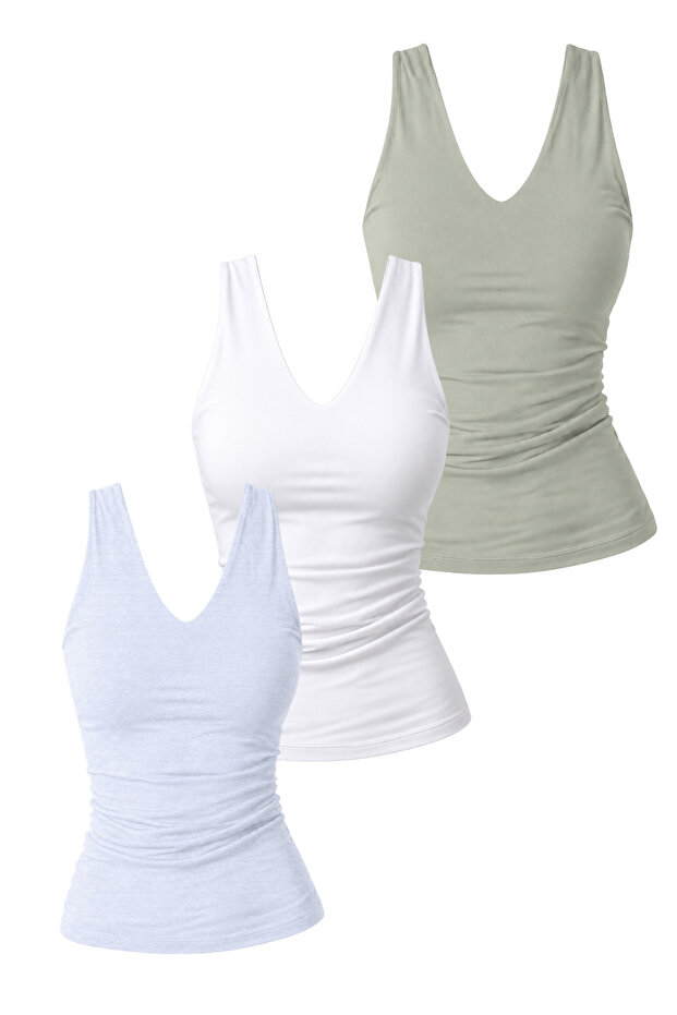 Women's Double Layer Lycra Undershirt Triple Set (95% Cotton) (Stone Color, White, Gray Melange)