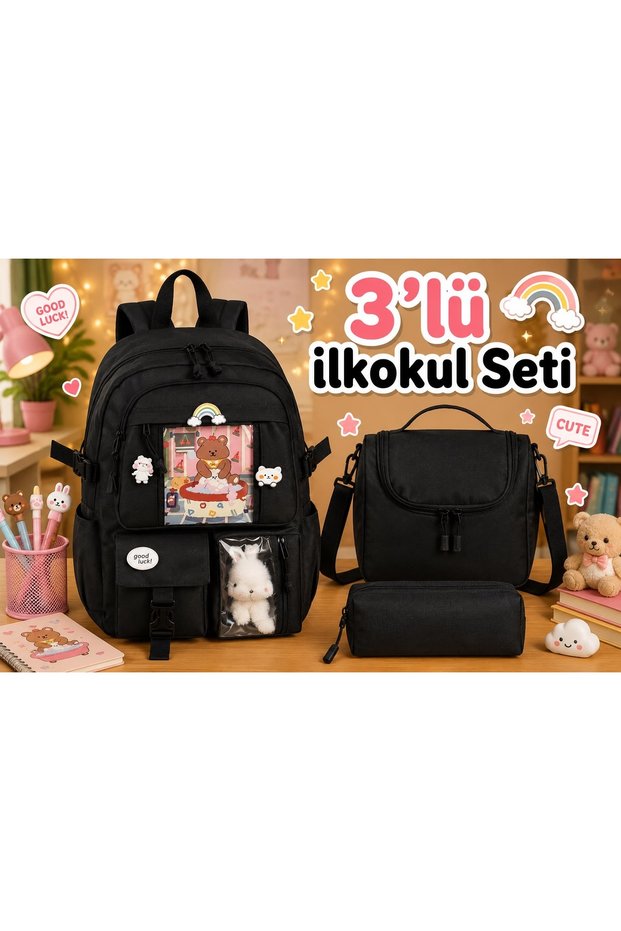 Korean Style Girl's Primary School Bag with Teddy Bear Accessories, Thermal Lunch Bag and Pencil Case, Set of 3
