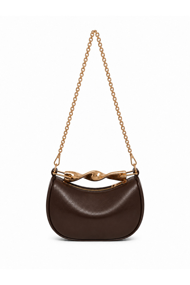 Teos Metal Handle Gold Detailed Women's Hand, Shoulder and Crossbody Bag Women's Small Size Brown
