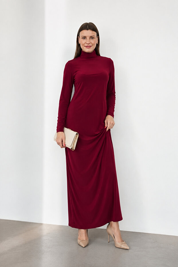 Dora Women's Maxi Length Turtleneck Sandy Dress-Burgundy