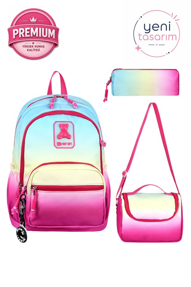 Pink Colored Triple Girls' Primary School Waterproof School Bag Set (Bag Thermal Lunch Bag Pen Holder)