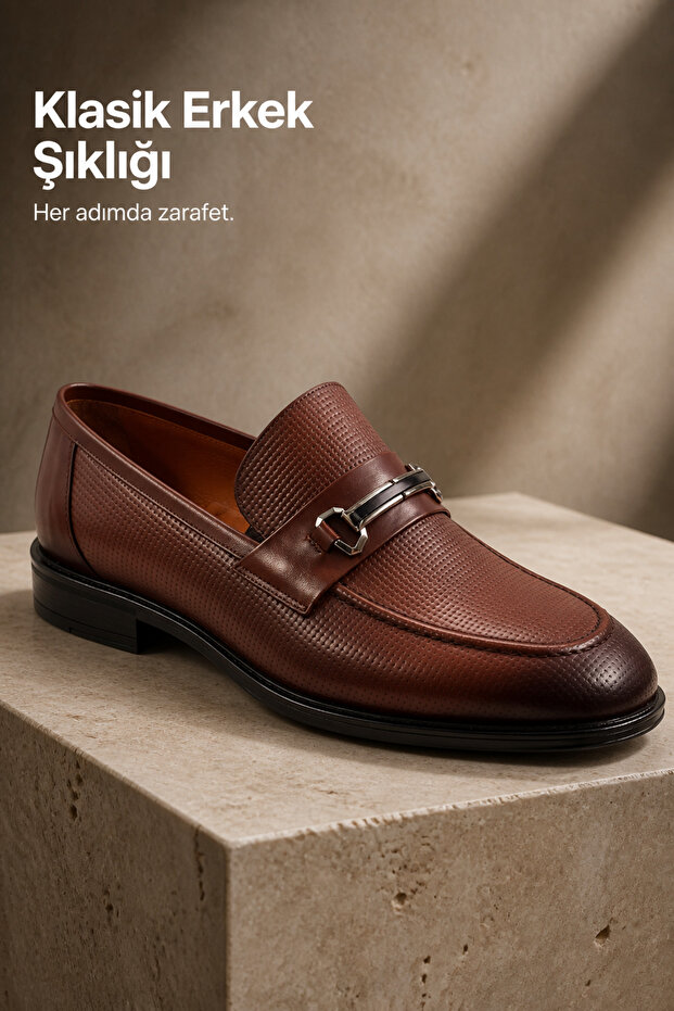 Men's Tan Leather Loafer Comfortable Daily Office Shoes with Buckle