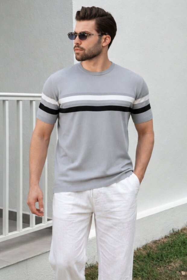 Gray Crew Neck Striped Men's T-Shirt E7412