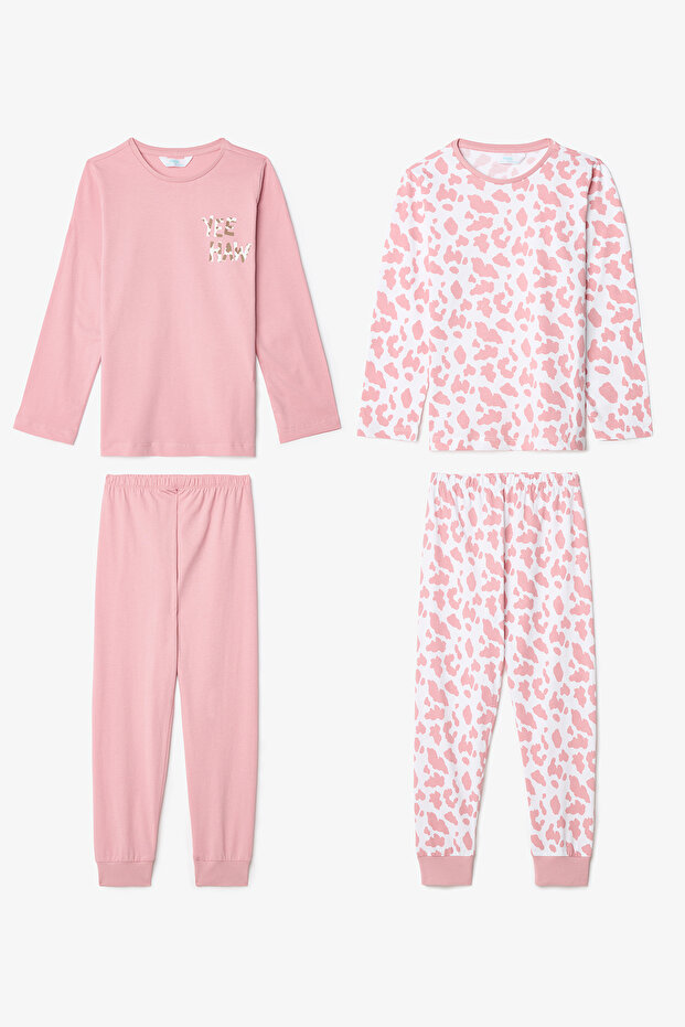Pink Girl's Cow Pattern Long Sleeve Cotton 2-Piece Pajama Set