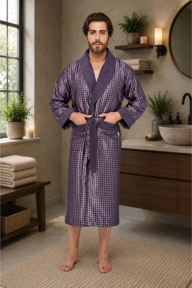 Men's Şalyaka Dabulface Outside Satin Inside Curly Cotton Soft Absorbent Luxury Bathrobe and Dressing Gown