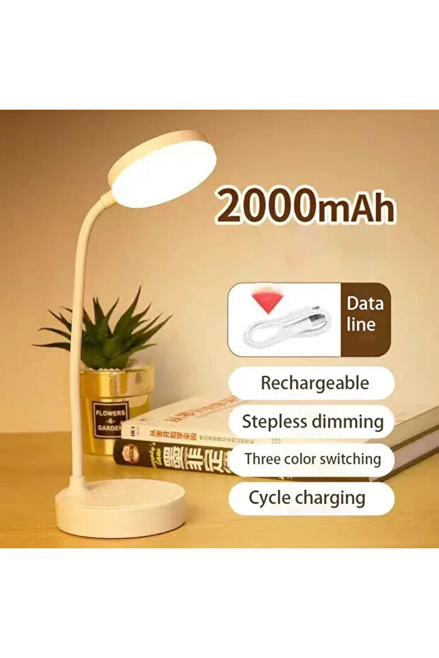 مصباح مكتبي LED مرن قابل لإعادة الشحن مع مُخفّت إضاءة بثلاثة مستويات، يعمل بمنفذ USB، ضوء أبيض دافئ ومريح للعين.