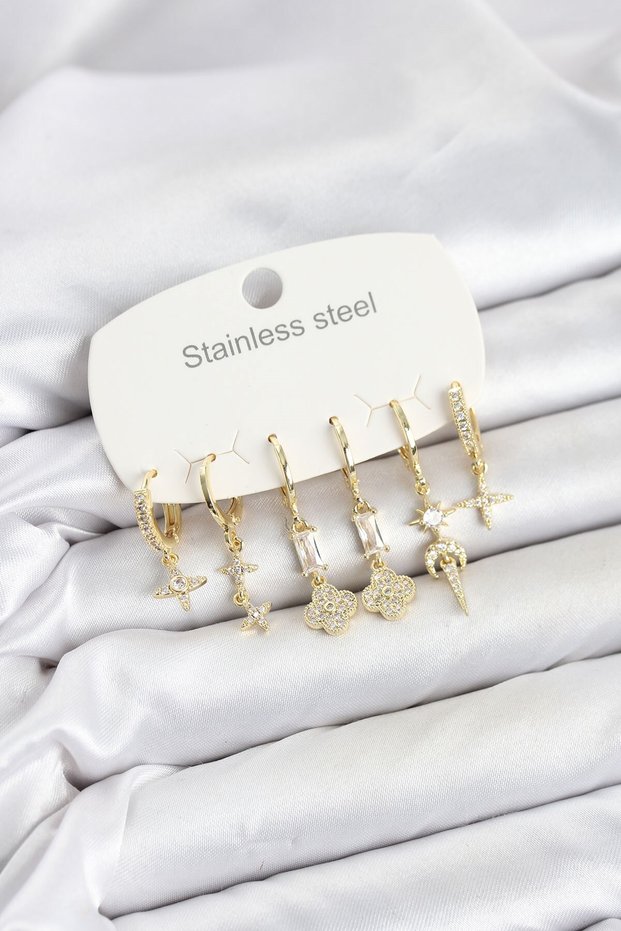 316L Steel Gold Color Zircon Stone Clover Detailed Women's Earring Set