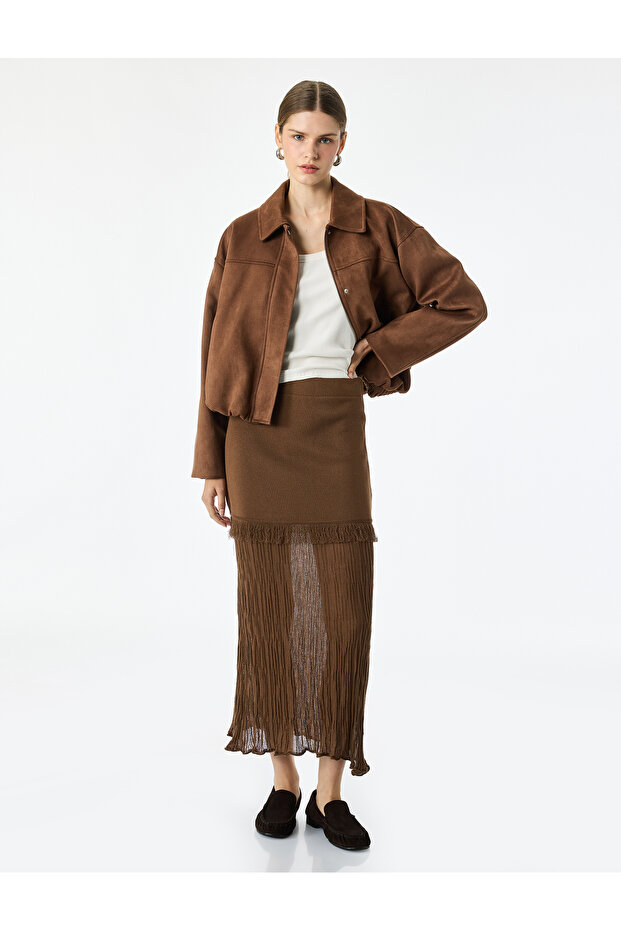Textured Long Knit Skirt with Tassel Detail and Two Different Fabrics