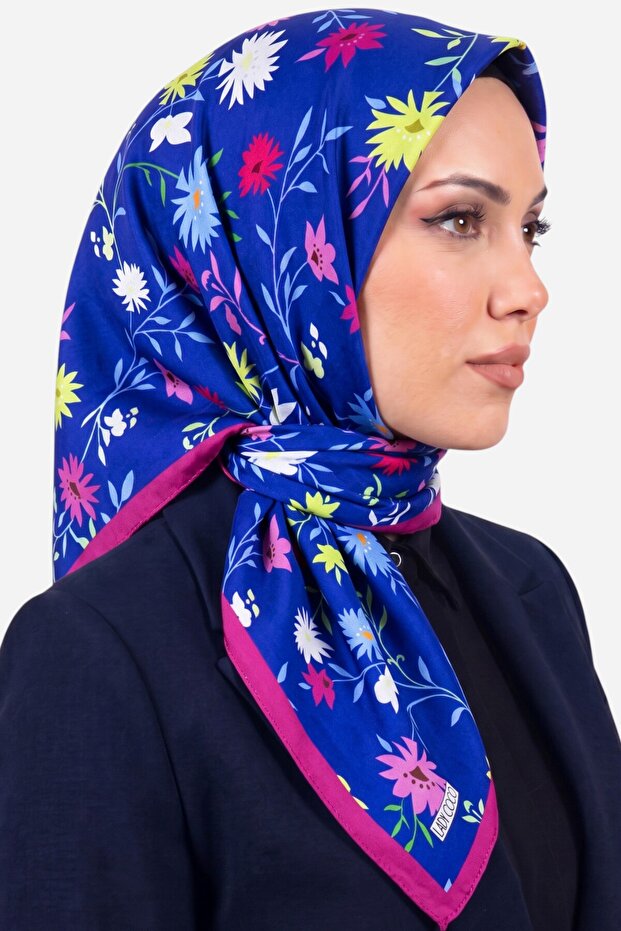 Women's Blue Pink Floral Patterned Organic Cotton Soft Scarf