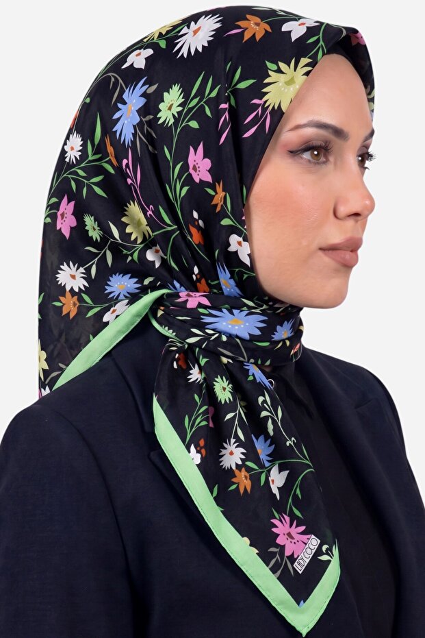 Women's Black Green Floral Patterned Organic Cotton Soft Scarf