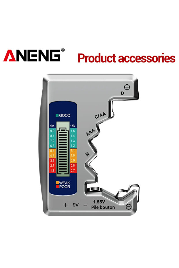 جهاز اختبار البطاريات الرقمي ANENG BT1688 باللون الرمادي، كاشف سعة البطاريات AA/AAA/9V/1.55V وبطاريات الأزرار