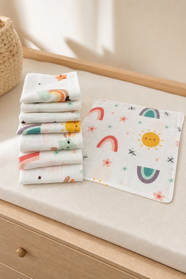 7-Pack 100% Cotton Double Layer Checkered Muslin Baby Mouth Wipes 25 X 25 cm