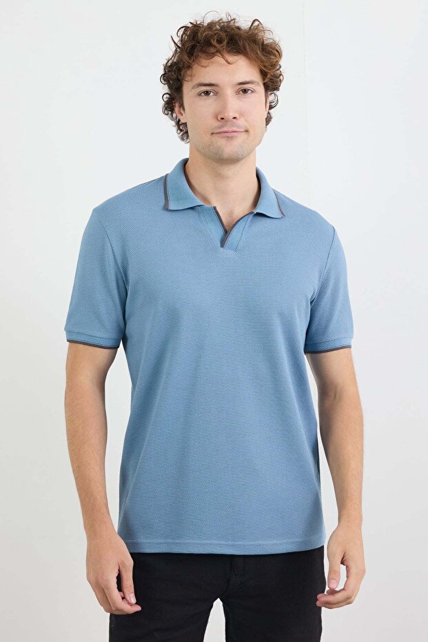 Striped Waffle Fabric Polo Neck T-Shirt