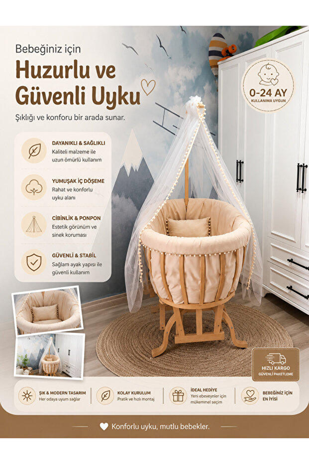 Basket Crib Beige Pompom Sleeping Set
