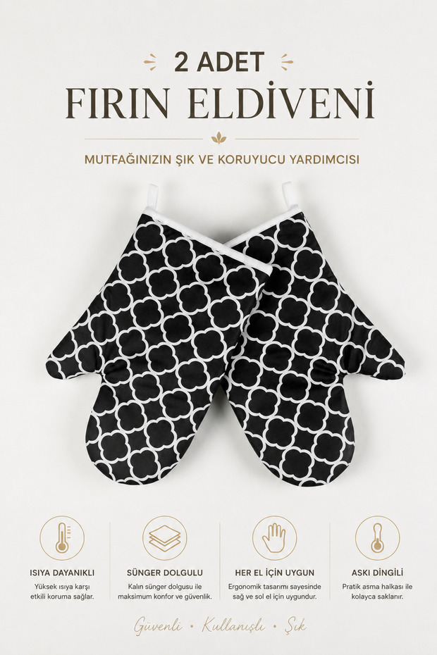 Set of 2 Heat Resistant Kitchen Oven Gloves & Black Ring