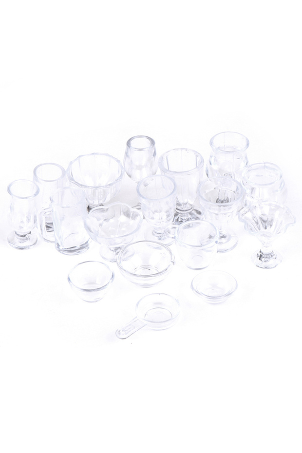 WHITE 17Pcs/Set Mini Transparent Kitchenware Toy Drink Cups Dish Plate Tableware Miniatures DIY Pret