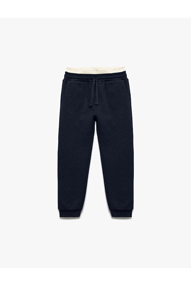 Ribbed Waist Tied Basic School Sweatpants with Pockets - 3