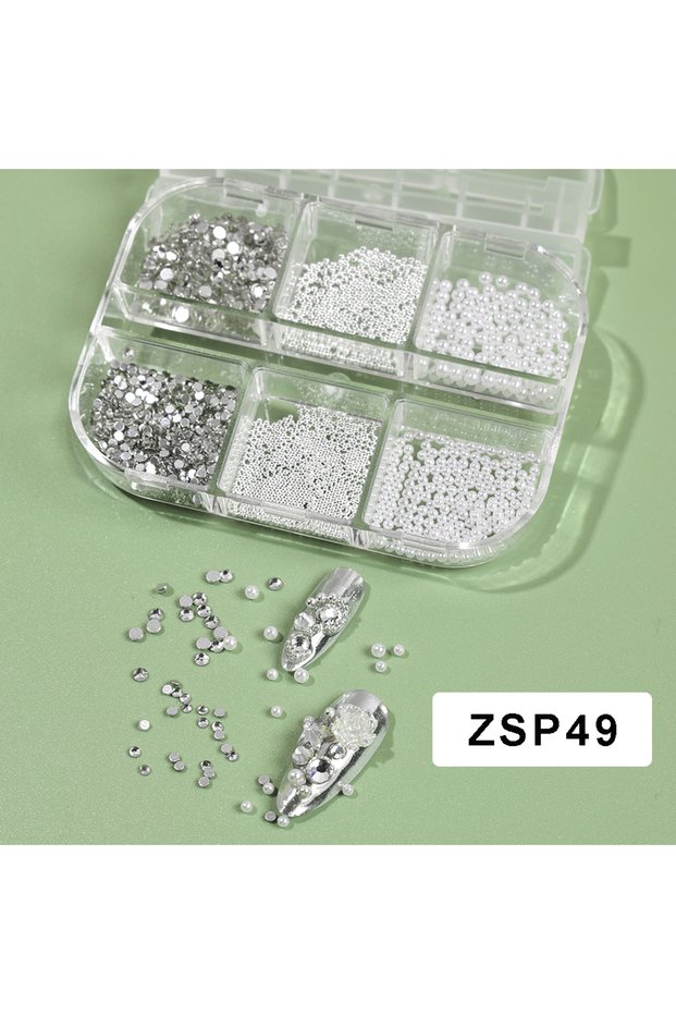 ZSP49 6 Grid 3D Nail Art Rhinestones White Round Pearl Nail Decoration Charm Steel Beads Gem Stones