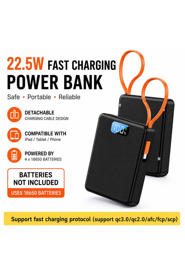 22.5W Black FUNNYSHIELD 4*18650 Power Bank Cases 10W Battery Holder Portable 22.5W Type C Fast Charg