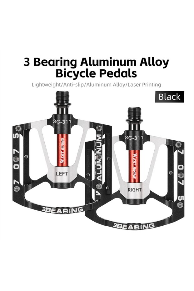 Black WEST BIKING 3 Bearing Bicycle Pedal CNC Aluminum Alloy Anti Slip MTB Road Bike Pedal Widen Ped