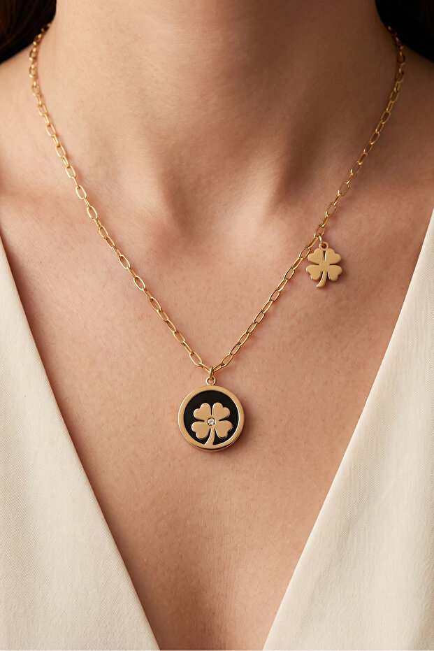 Steel Chain Clover Necklace Gold Color Women's 45 Cm Chain
