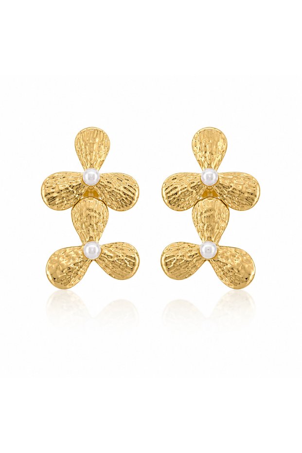 Pearl Detail Flower Gold Women's Earrings