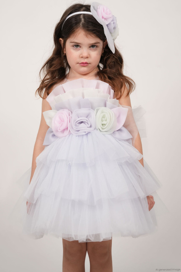 Girl's Evening Dress, Layered, Colorful Rose Detail, Crowned, 1-5 Years Old, Light Lilac